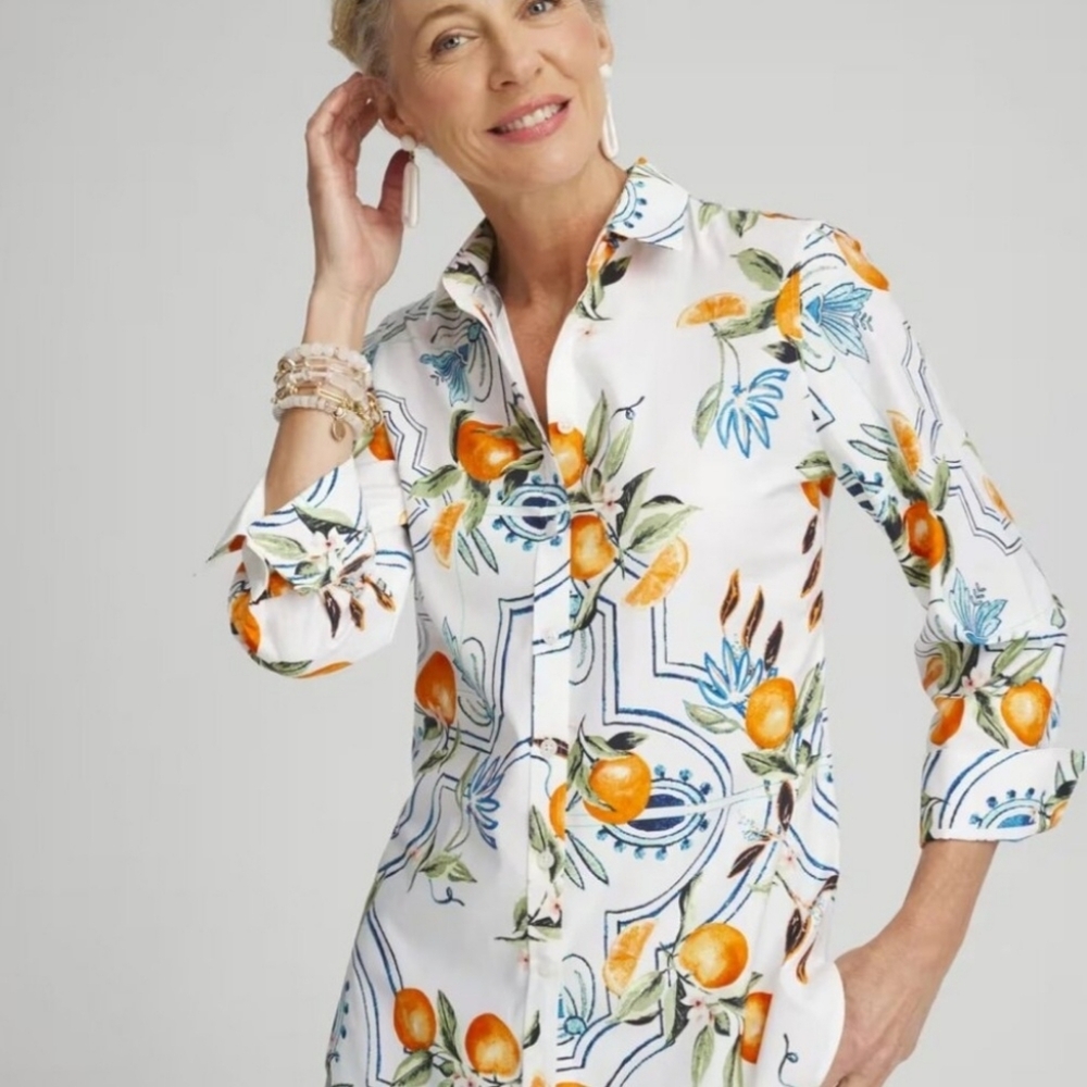 Chico's Cotton Button Front Fruit Theme Shirt Size XL